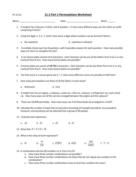11.1 permutations and combinations worksheet answers